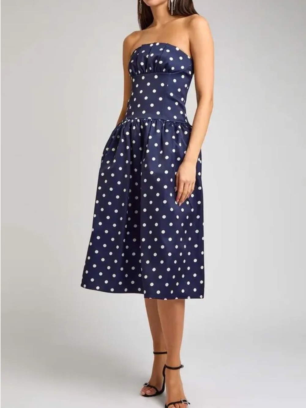 Self-Portrait Navy and White Polka Dot Strapless Midi Dress